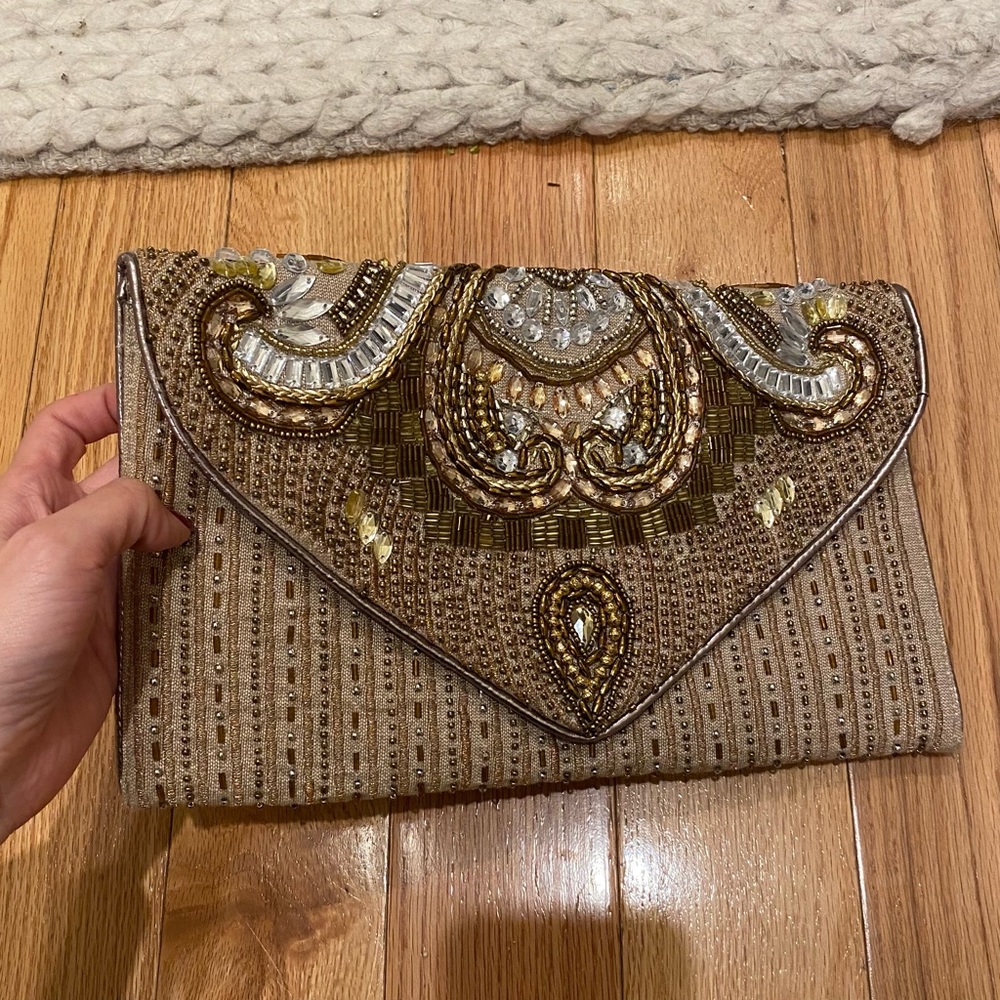 Lulu's Gold and Brown Beaded Clutch